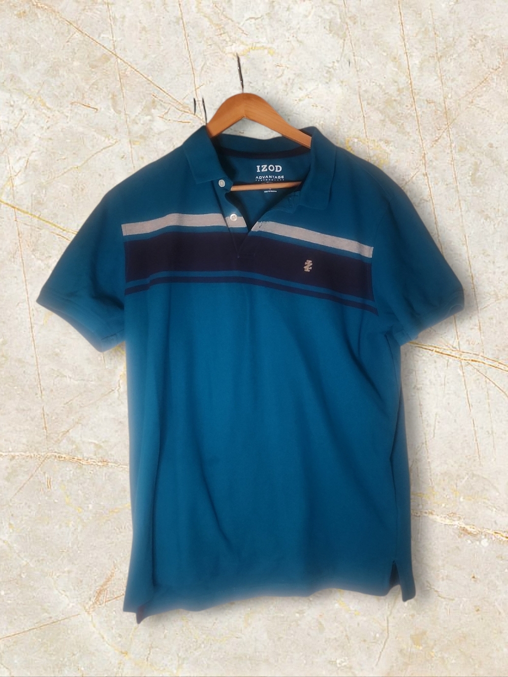 Izod Teal Polo with Navy and Light Gray Chest Stripes
